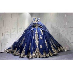 Mumuleo Navy & Gold Quinceanera Floor-Length Ball Gown Dresses with Cape Sweetheart Neckline Sweep Train Shoulder 100% Polyester
