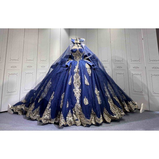 Mumuleo Navy & Gold Quinceanera Floor-Length Ball Gown Dresses with Cape Sweetheart Neckline Sweep Train Shoulder 100% Polyester