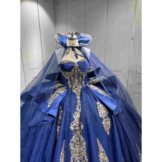 Mumuleo Navy & Gold Quinceanera Floor-Length Ball Gown Dresses with Cape Sweetheart Neckline Sweep Train Shoulder 100% Polyester
