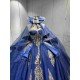 Mumuleo Navy & Gold Quinceanera Floor-Length Ball Gown Dresses with Cape Sweetheart Neckline Sweep Train Shoulder 100% Polyester