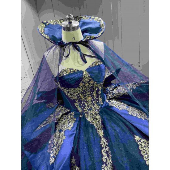 Mumuleo Navy & Gold Quinceanera Floor-Length Ball Gown Dresses with Cape Sweetheart Neckline Sweep Train Shoulder 100% Polyester