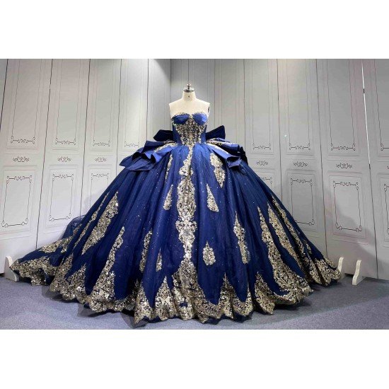 Mumuleo Navy & Gold Quinceanera Floor-Length Ball Gown Dresses with Cape Sweetheart Neckline Sweep Train Shoulder 100% Polyester