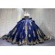 Mumuleo Navy & Gold Quinceanera Floor-Length Ball Gown Dresses with Cape Sweetheart Neckline Sweep Train Shoulder 100% Polyester