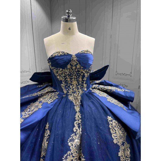Mumuleo Navy & Gold Quinceanera Floor-Length Ball Gown Dresses with Cape Sweetheart Neckline Sweep Train Shoulder 100% Polyester