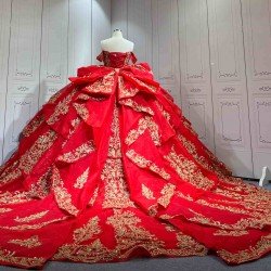 Mumuleo Detachable Ball Gown Floor-Length Modern Quinceanera Dress Satin Print Knitted Red Gold Vestido De XV for Teenagers