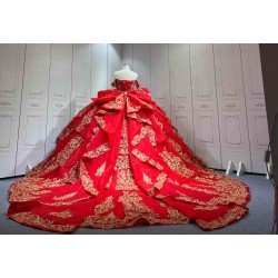 Mumuleo Detachable Ball Gown Floor-Length Modern Quinceanera Dress Satin Print Knitted Red Gold Vestido De XV for Teenagers