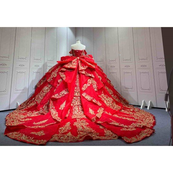 Mumuleo Detachable Ball Gown Floor-Length Modern Quinceanera Dress Satin Print Knitted Red Gold Vestido De XV for Teenagers