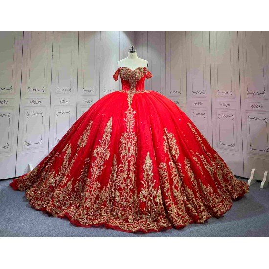 Mumuleo Detachable Ball Gown Floor-Length Modern Quinceanera Dress Satin Print Knitted Red Gold Vestido De XV for Teenagers
