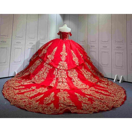 Mumuleo Detachable Ball Gown Floor-Length Modern Quinceanera Dress Satin Print Knitted Red Gold Vestido De XV for Teenagers