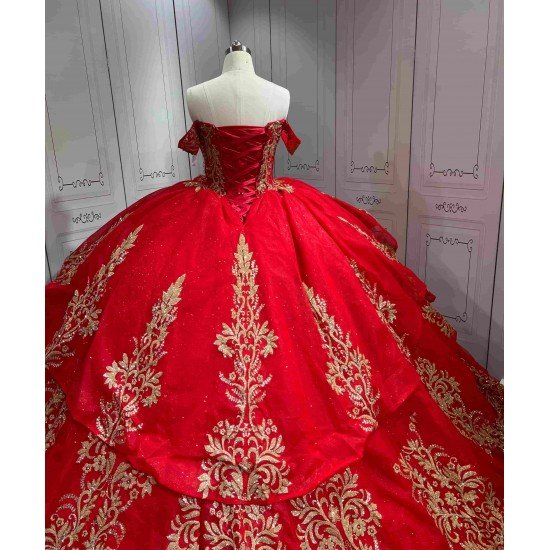 Mumuleo Detachable Ball Gown Floor-Length Modern Quinceanera Dress Satin Print Knitted Red Gold Vestido De XV for Teenagers