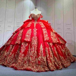 Mumuleo Detachable Ball Gown Floor-Length Modern Quinceanera Dress Satin Print Knitted Red Gold Vestido De XV for Teenagers