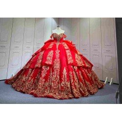 Mumuleo Detachable Ball Gown Floor-Length Modern Quinceanera Dress Satin Print Knitted Red Gold Vestido De XV for Teenagers