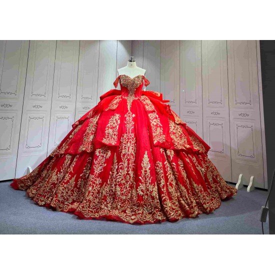 Mumuleo Detachable Ball Gown Floor-Length Modern Quinceanera Dress Satin Print Knitted Red Gold Vestido De XV for Teenagers