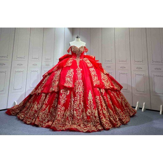Mumuleo Detachable Ball Gown Floor-Length Modern Quinceanera Dress Satin Print Knitted Red Gold Vestido De XV for Teenagers