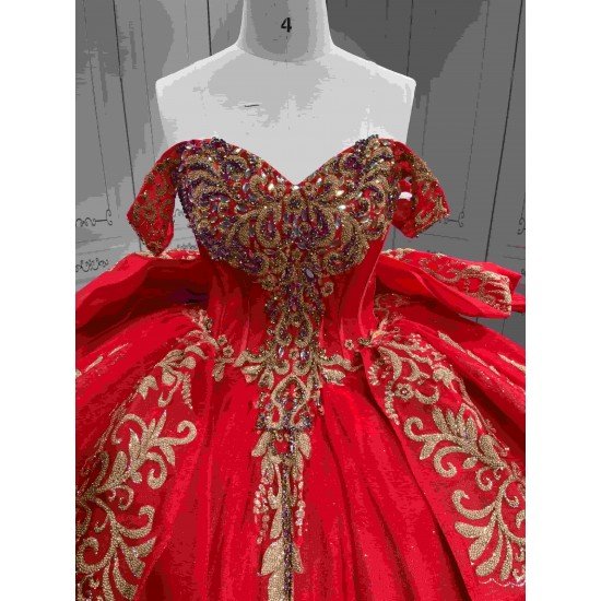Mumuleo Detachable Ball Gown Floor-Length Modern Quinceanera Dress Satin Print Knitted Red Gold Vestido De XV for Teenagers