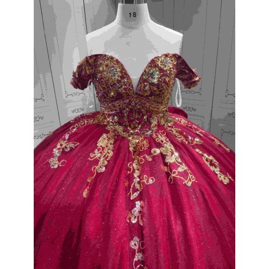 Mumuleo Red with Gold Floor-Length Ball Gown Quinceanera Dress Chapel Train Modern Sequined Flowers Bow for Teenagers