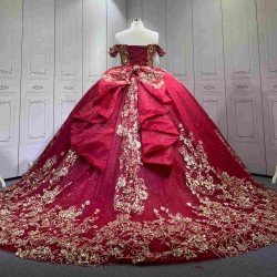 Mumuleo Red with Gold Floor-Length Ball Gown Quinceanera Dress Chapel Train Modern Sequined Flowers Bow for Teenagers