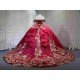 Mumuleo Red with Gold Floor-Length Ball Gown Quinceanera Dress Chapel Train Modern Sequined Flowers Bow for Teenagers