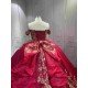 Mumuleo Red with Gold Floor-Length Ball Gown Quinceanera Dress Chapel Train Modern Sequined Flowers Bow for Teenagers