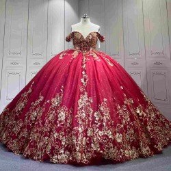 Mumuleo Red with Gold Floor-Length Ball Gown Quinceanera Dress Chapel Train Modern Sequined Flowers Bow for Teenagers