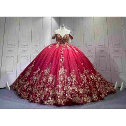 Mumuleo Red with Gold Floor-Length Ball Gown Quinceanera Dress Chapel Train Modern Sequined Flowers Bow for Teenagers