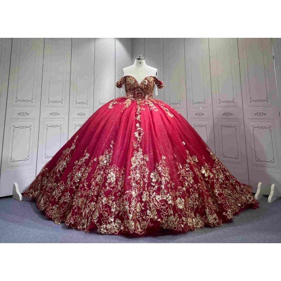 Mumuleo Red with Gold Floor-Length Ball Gown Quinceanera Dress Chapel Train Modern Sequined Flowers Bow for Teenagers