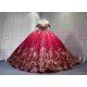 Mumuleo Red with Gold Floor-Length Ball Gown Quinceanera Dress Chapel Train Modern Sequined Flowers Bow for Teenagers