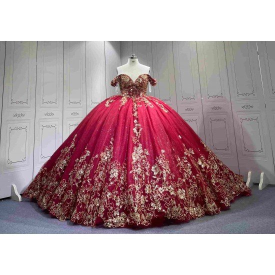 Mumuleo Red with Gold Floor-Length Ball Gown Quinceanera Dress Chapel Train Modern Sequined Flowers Bow for Teenagers