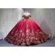 Mumuleo Red with Gold Floor-Length Ball Gown Quinceanera Dress Chapel Train Modern Sequined Flowers Bow for Teenagers