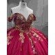 Mumuleo Red with Gold Floor-Length Ball Gown Quinceanera Dress Chapel Train Modern Sequined Flowers Bow for Teenagers