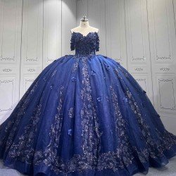 Mumuleo Navy Blue Quinceanera Floor-Length Ball Gown Dresses Sweep Modern Satin Knitted Print for Teenagers 2027 Vestido De XV