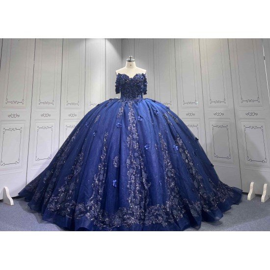 Mumuleo Navy Blue Quinceanera Floor-Length Ball Gown Dresses Sweep Modern Satin Knitted Print for Teenagers 2027 Vestido De XV