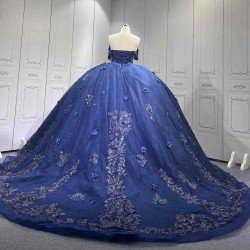 Mumuleo Navy Blue Quinceanera Floor-Length Ball Gown Dresses Sweep Modern Satin Knitted Print for Teenagers 2027 Vestido De XV