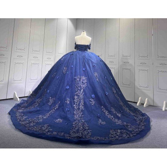 Mumuleo Navy Blue Quinceanera Floor-Length Ball Gown Dresses Sweep Modern Satin Knitted Print for Teenagers 2027 Vestido De XV