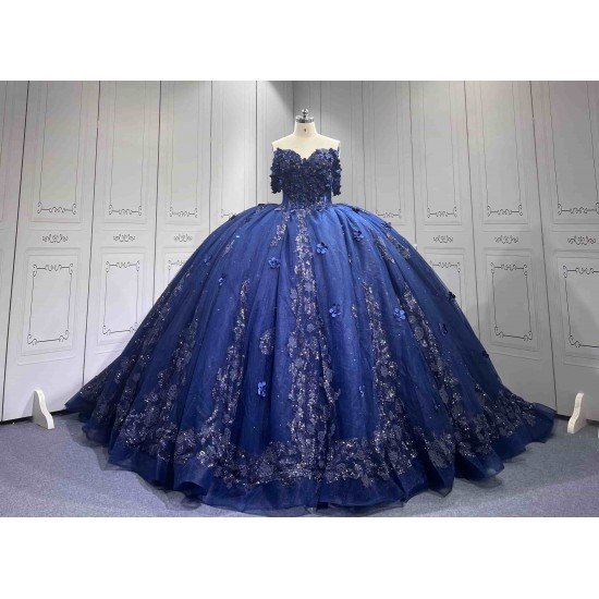 Mumuleo Navy Blue Quinceanera Floor-Length Ball Gown Dresses Sweep Modern Satin Knitted Print for Teenagers 2027 Vestido De XV