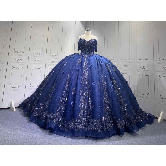 Mumuleo Navy Blue Quinceanera Floor-Length Ball Gown Dresses Sweep Modern Satin Knitted Print for Teenagers 2027 Vestido De XV