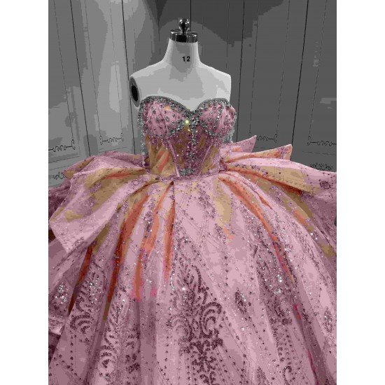 Mumuleo Floor-Length Rose Gold Satin Dance Dress with Chapel Train Lace Bow Crystals Sweetheart Neckline Modern Style