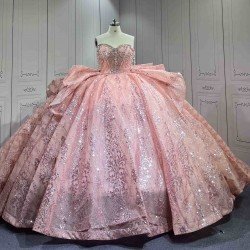 Mumuleo Floor-Length Rose Gold Satin Dance Dress with Chapel Train Lace Bow Crystals Sweetheart Neckline Modern Style