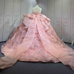Mumuleo Floor-Length Rose Gold Satin Dance Dress with Chapel Train Lace Bow Crystals Sweetheart Neckline Modern Style