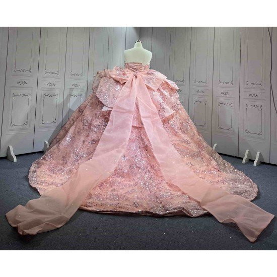 Mumuleo Floor-Length Rose Gold Satin Dance Dress with Chapel Train Lace Bow Crystals Sweetheart Neckline Modern Style