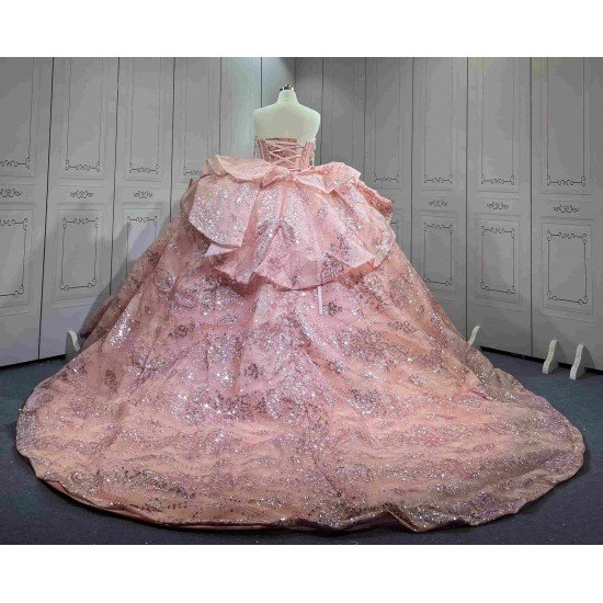 Mumuleo Floor-Length Rose Gold Satin Dance Dress with Chapel Train Lace Bow Crystals Sweetheart Neckline Modern Style