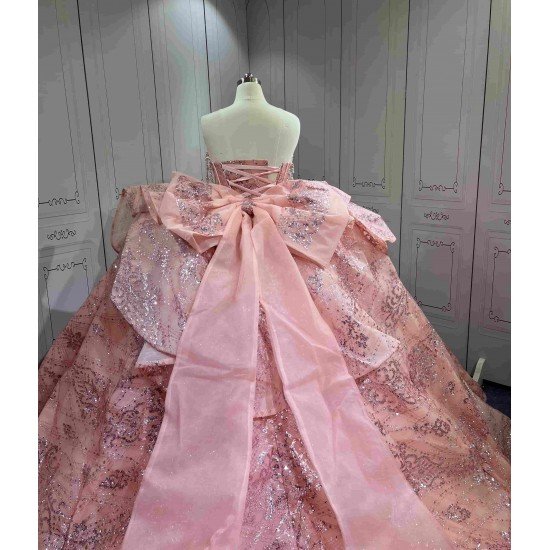 Mumuleo Floor-Length Rose Gold Satin Dance Dress with Chapel Train Lace Bow Crystals Sweetheart Neckline Modern Style