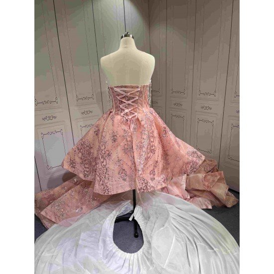 Mumuleo Floor-Length Rose Gold Satin Dance Dress with Chapel Train Lace Bow Crystals Sweetheart Neckline Modern Style