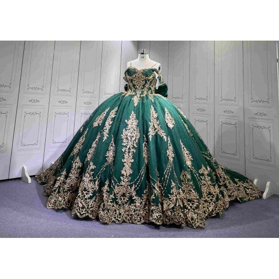 Mumuleo Emerald Green Quinceanera Dresses 2027 Floor-Length Modern Ball Gown Sweep Train Satin Knitted Lace Bow