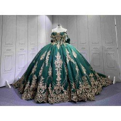 Mumuleo Emerald Green Quinceanera Dresses 2027 Floor-Length Modern Ball Gown Sweep Train Satin Knitted Lace Bow