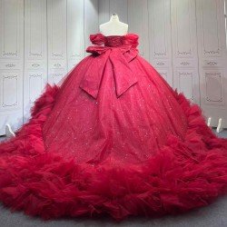 Mumuleo Burgundy Floor-Length Ball Gown Quinceanera Dresses with Chapel Train Modern Satin Lace Print for Teenagers