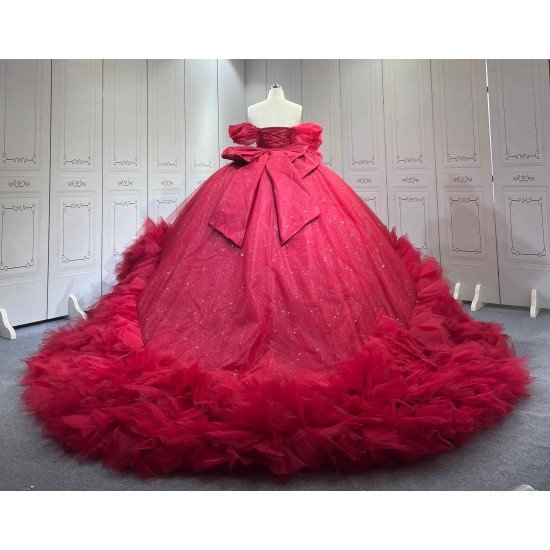 Mumuleo Burgundy Floor-Length Ball Gown Quinceanera Dresses with Chapel Train Modern Satin Lace Print for Teenagers