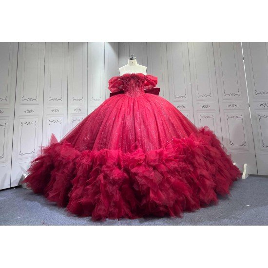 Mumuleo Burgundy Floor-Length Ball Gown Quinceanera Dresses with Chapel Train Modern Satin Lace Print for Teenagers