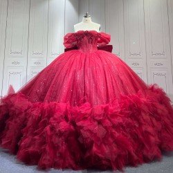 Mumuleo Burgundy Floor-Length Ball Gown Quinceanera Dresses with Chapel Train Modern Satin Lace Print for Teenagers