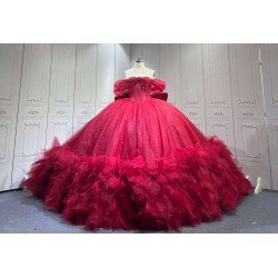 Mumuleo Burgundy Floor-Length Ball Gown Quinceanera Dresses with Chapel Train Modern Satin Lace Print for Teenagers